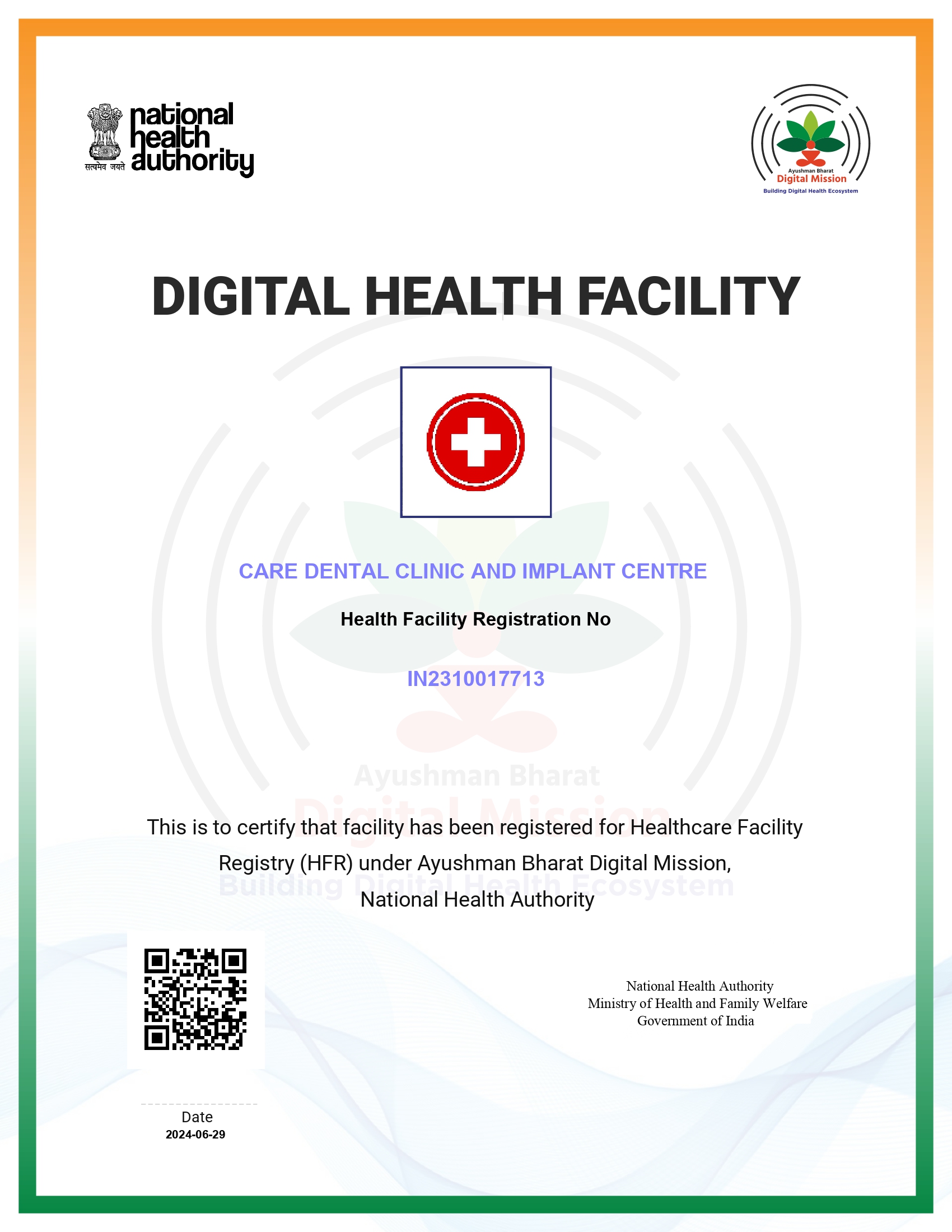 Digital health facility certificate awarded to Dr. Gagan Jaiswal, recognizing excellence in dental care services.