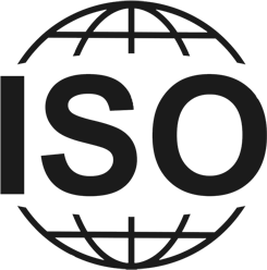 A black and white ISO logo on a gray background, representing an ISO certified dental center in Indore